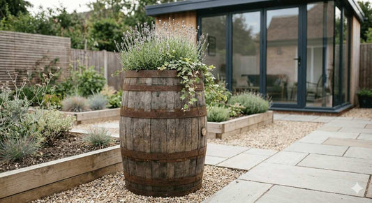 Houten ton als plantenbak in moderne rustieke tuin met groene beplanting.