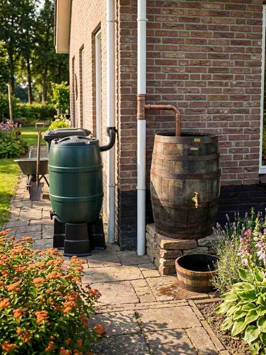 Houten regenton of plastic regenton in de tuin