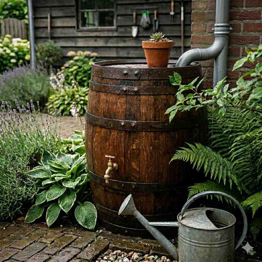 Houten eikenhouten regenton in groene tuin met regenwater, duurzaam en sfeervol