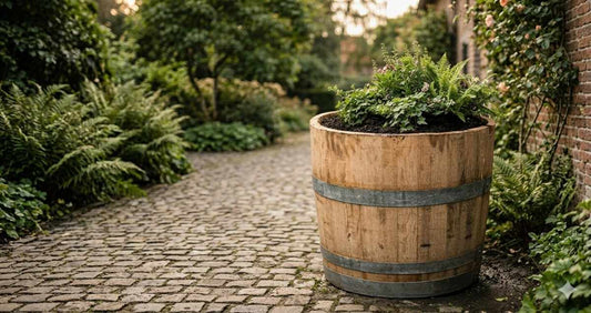 Houten eiken ton als plantenbak buiten met plant en natte aarde, vochtbestendig en duurzaam