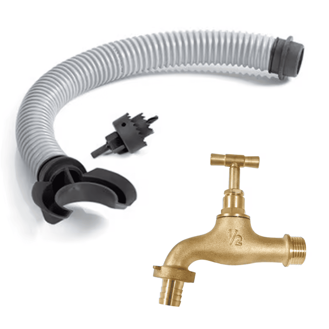 Aansluitset regenton met messing kraan en RVS flexibele slang van Houtenton.nl compleet voor aansluiting op de regenpijp