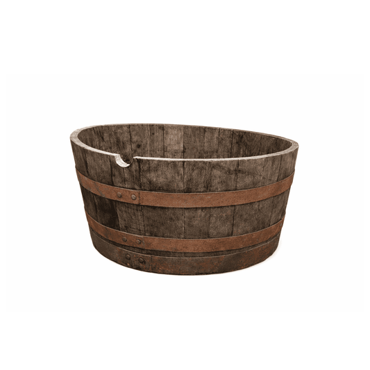 Houten plantenbak van halve whiskyton met authentieke uitstraling van Houtenton.nl geschikt voor tuin of terras