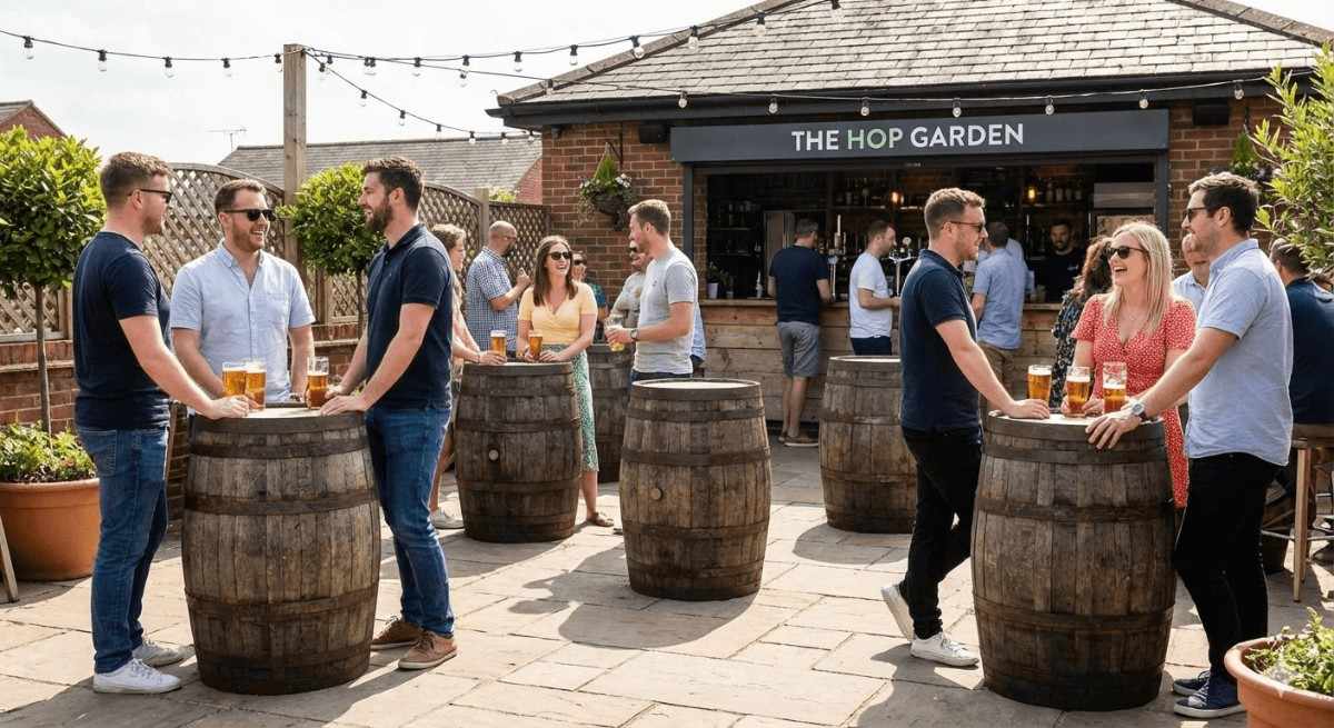 Houten tonnen als terrasaankleding bij bar of café, gebruikt als statafel tijdens zomers bierfestival.