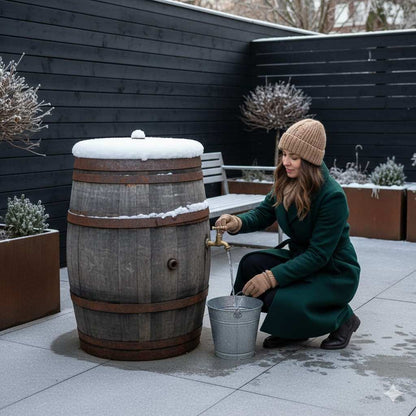 Houten regenton onderhouden in winter bij vorst, droogte en zon voor langere levensduur.
