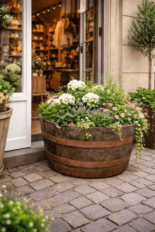 Houten plantenbak halve ton vol bloemen bij winkelentree, rustieke en sfeervolle tuindecoratie.