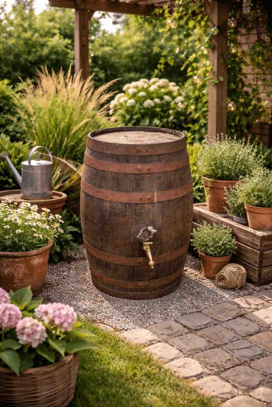 Houten regenton in groene cottage tuin met kraan en gieter voor natuurlijke tuinsfeer.