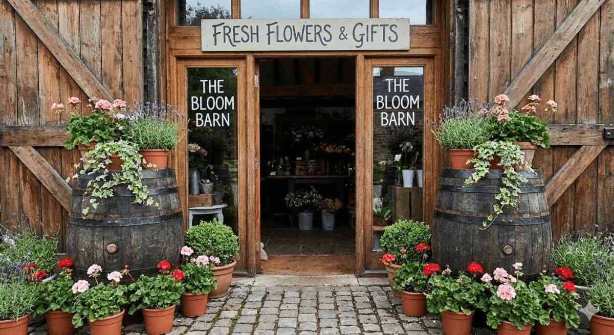 Houten tonnen voor winkelaankleding in bloemenwinkel, sfeervolle presentatie voor planten en bloemen.