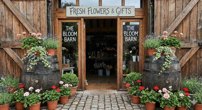 Houten tonnen voor winkelaankleding in bloemenwinkel, sfeervolle presentatie voor planten en bloemen.
