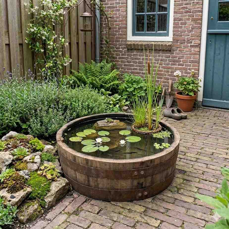 Half whiskyvat vijver in kleine Nederlandse tuin als creatieve regenwater vanger en natuurlijke opslag water voor planten en dieren
